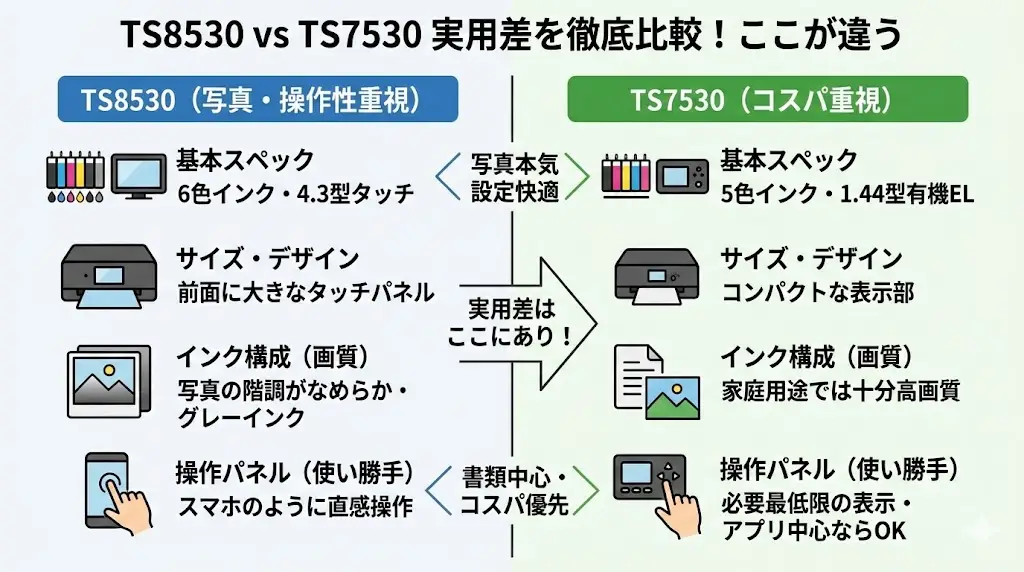 TS8530とTS7530ここからは、実際にどこが違うのかを分かりやすく整理します。
スペック表だけでは見えない「実用差」まで解説します。