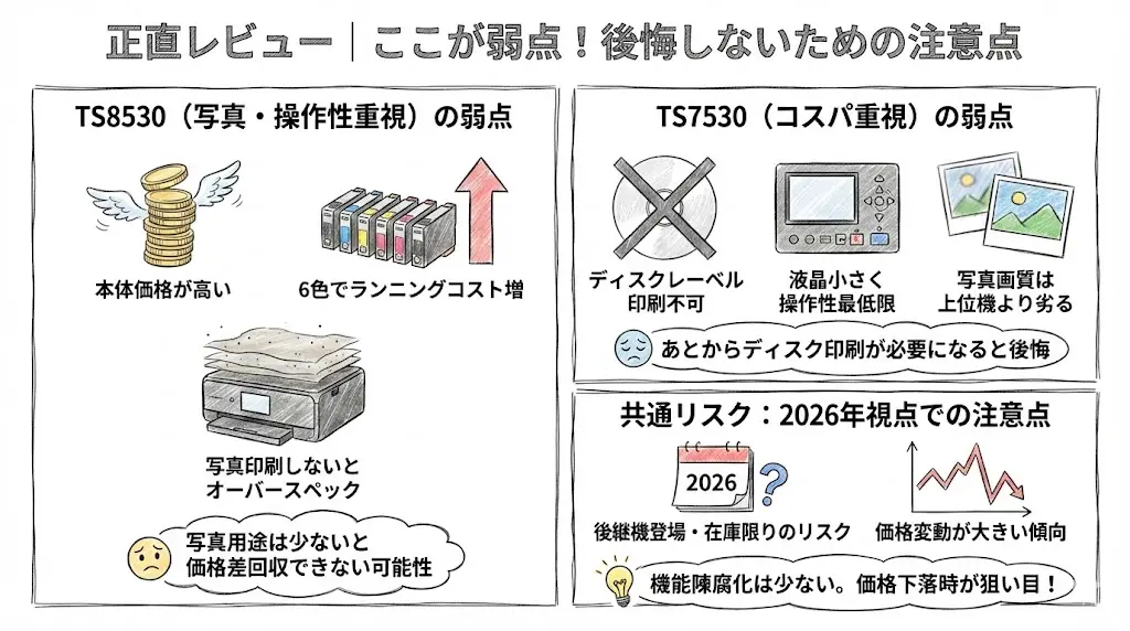 TS8530とTS7530ここが一番重要です。
良いことだけで選ぶと、あとから「思ってたのと違う…」となります。
