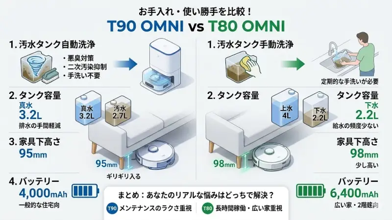 T90 OMNI最大の進化ポイントが、汚水タンク自動洗浄機能です。