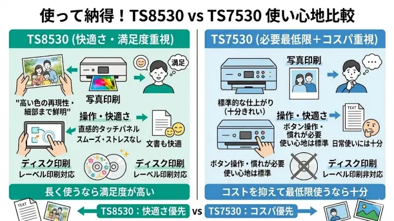 TS8530：色の再現性が高く、細かい部分まできれい
TS7530：十分きれいだが、やや簡易的な仕上がり