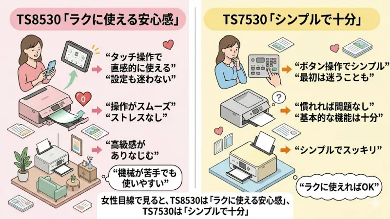TS8530：タッチ操作で直感的に使える
TS7530：ボタン操作でややシンプル