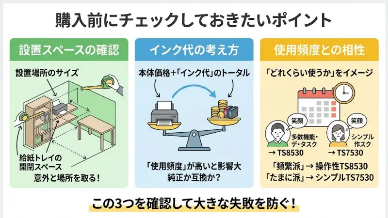 頻繁に使う → 操作性の良いTS8530
たまに使う → シンプルなTS7530でもOK