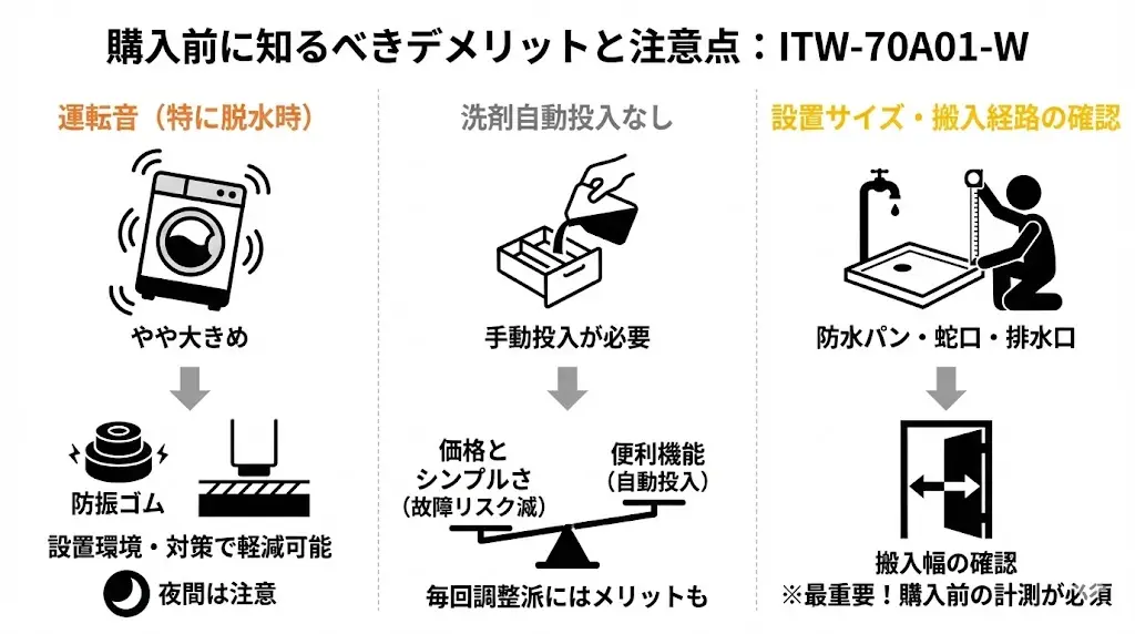 ITW-70A01-Wも例外ではありません。購入後に「知らなかった…」と後悔しないために、事前に理解しておきたいポイントを整理します。