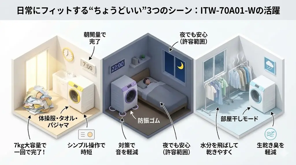 ITW-70A01-Wは、派手さはないけれど、日常に自然にフィットする洗濯機という印象が強いモデルです。