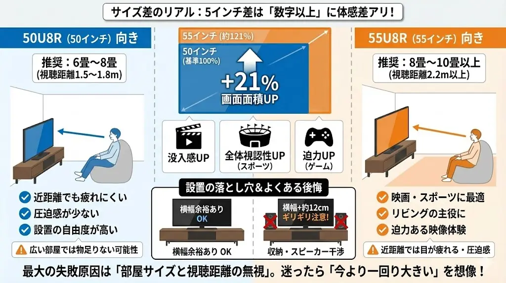 ここが一番の判断ポイントです。
5インチ差は「数字以上」に体感差があります。