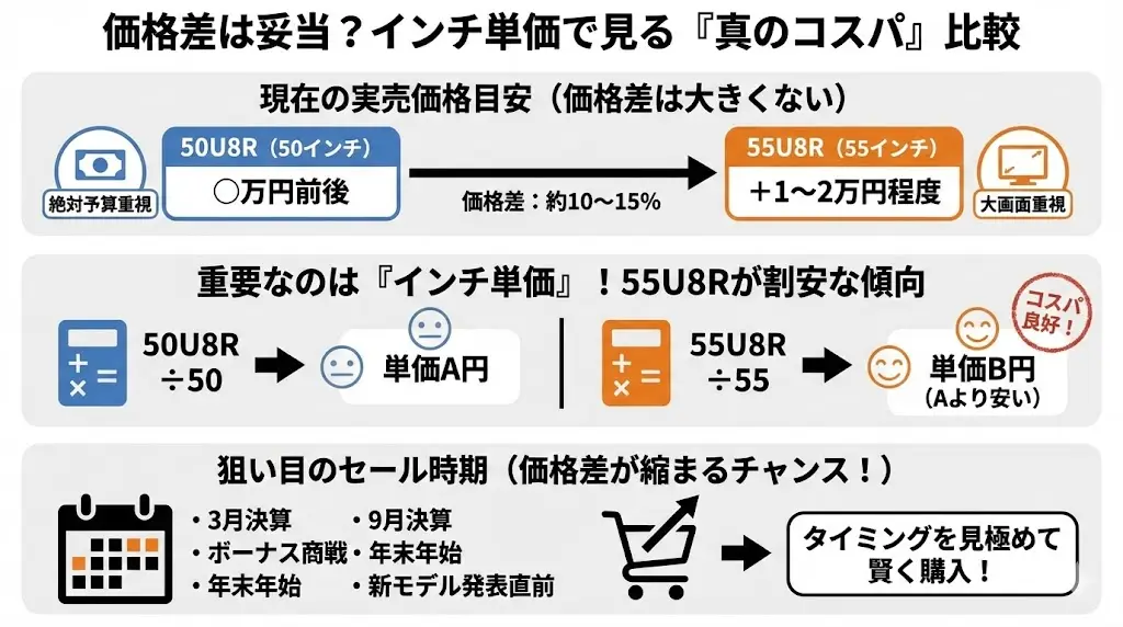 50U8R:◯万円前後
55U8R:+1〜2万円程度高い