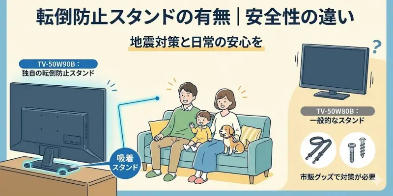 TV-50W80BとTV-50W90Bの違いの中で、安全面に関わるポイントとして注目したいのが、転倒防止スタンドの有無です。