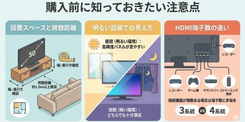 TV-50W80BとTV-50W90Bはどちらも完成度の高い4Kテレビですが、購入後に「思っていたのと違った」とならないために、事前に知っておきたい注意点があります。