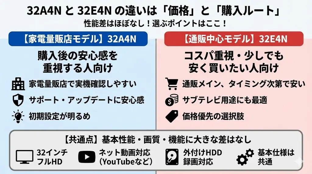 結論からお伝えすると、ハイセンス 32A4N と 32E4N の性能差はほとんどありません。 どちらも32インチ・フルHD・ネット動画対応の液晶テレビで、日常視聴やサブテレビ用途なら十分な性能を備えています。 選ぶ際の決め手になるのは、「価格」と「どこで買うか(購入ルート)」です。