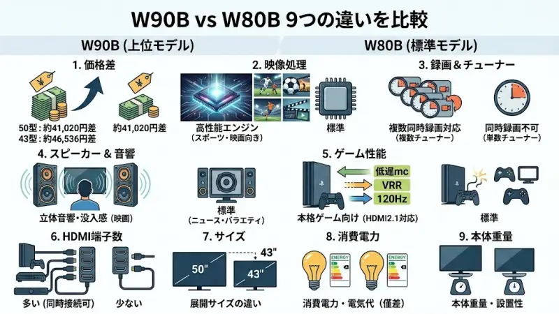 W90BとW80Bの違いは全部で9項目