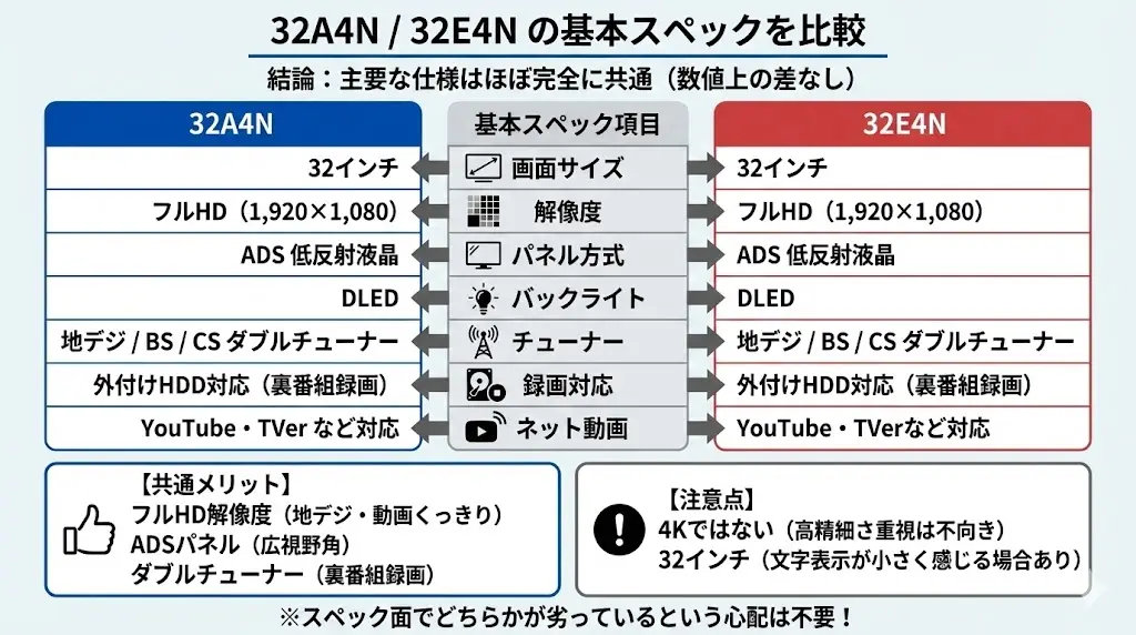 32A4N / 32E4N の基本スペックを比較