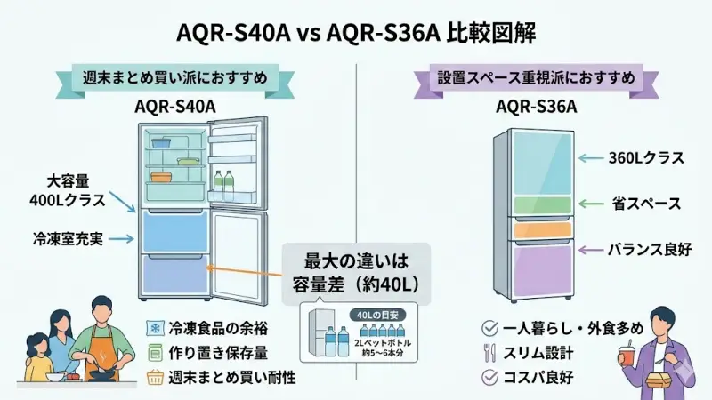 「AQR-S40AとAQR-S36A、結局どっちがいいの？」と迷っていませんか？ 容量も価格も近いモデルなので悩みやすいですが、選ぶ基準はとてもシンプルです。