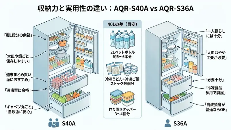 S40A：大皿や鍋ごと保存しやすい
S36A：一人暮らしには十分だが、大皿はやや工夫が必要
