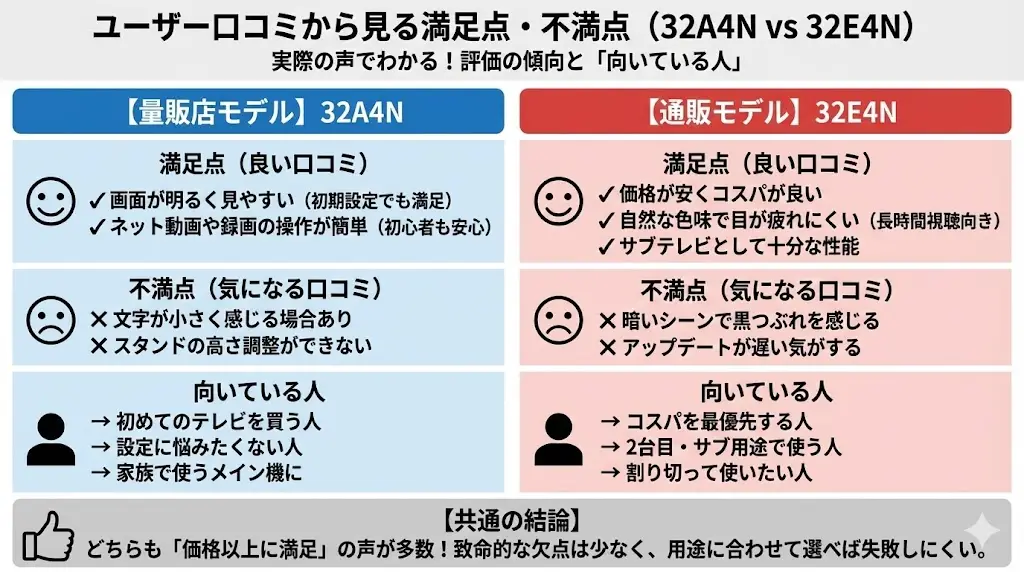 32A4N と 32E4N は、どちらも通販サイトやレビューで高評価が多いモデルです。 ここでは、実際の口コミをもとに満足されやすいポイントと気になりやすい点を整理します