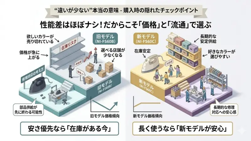 NI-FS60BとNI-FS60Cは、性能差がほとんどありません。だからこそ「どっちでもいい」と思いがちですが、購入タイミングや流通状況によって“満足度”は変わります。