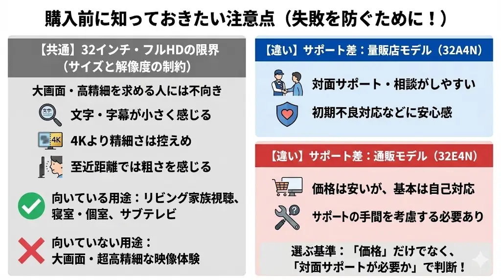 32A4N・32E4N はコスパに優れたテレビですが、 購入前に知っておいたほうがいい注意点もいくつかあります。