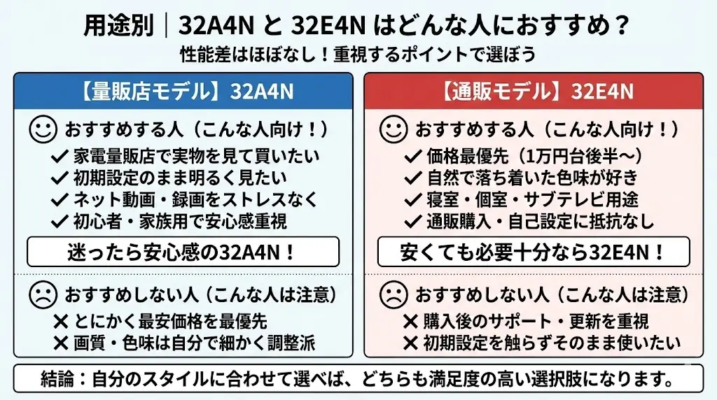 用途別|32A4N と 32E4N はどんな人におすすめ?