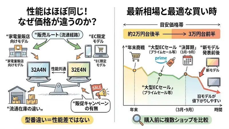 32A4Nと32E4Nは性能がほぼ同じなのに、なぜ価格が違うのか疑問に感じますよね。