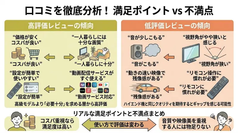 価格が安くコスパが良い
一人暮らしには十分な画質
設定が簡単で使いやすい
動画配信サービスがすぐ使える