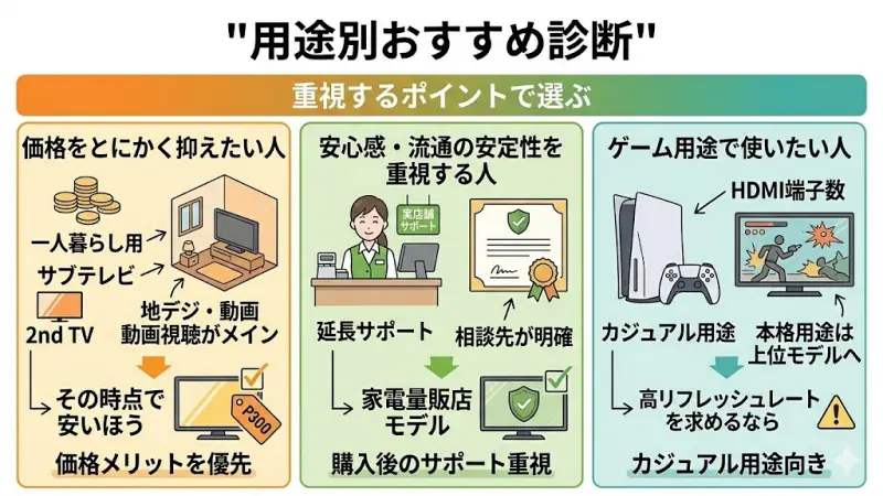 性能差はほぼないため、“重視するポイント”で選ぶのが正解です。