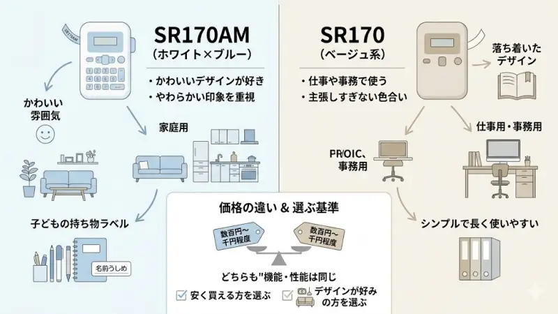 SR170AMとSR170は基本性能が同じため、購入時に迷うポイントは「見た目」と「価格」になります。