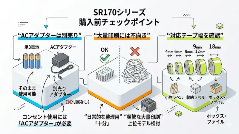 SR170AMとSR170は使いやすいラベルライターですが、購入前に知っておくと安心なポイントもあります。