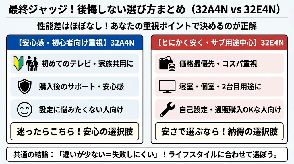 とにかく安く買いたい・サブ用途中心 → 32E4N 購入後の安心感・初心者向け重視 → 32A4N