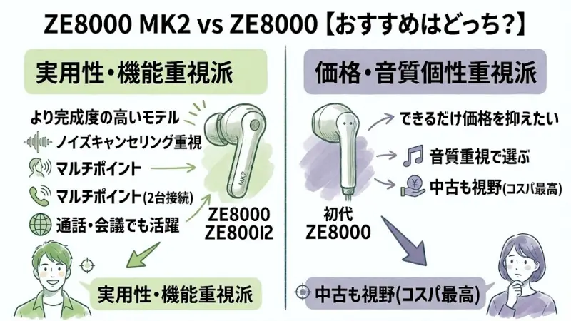 結局どっちがおすすめ？

ZE8000 MK2とZE8000は基本的な音の方向性は共通していますが、機能面や使いやすさには違いがあります。