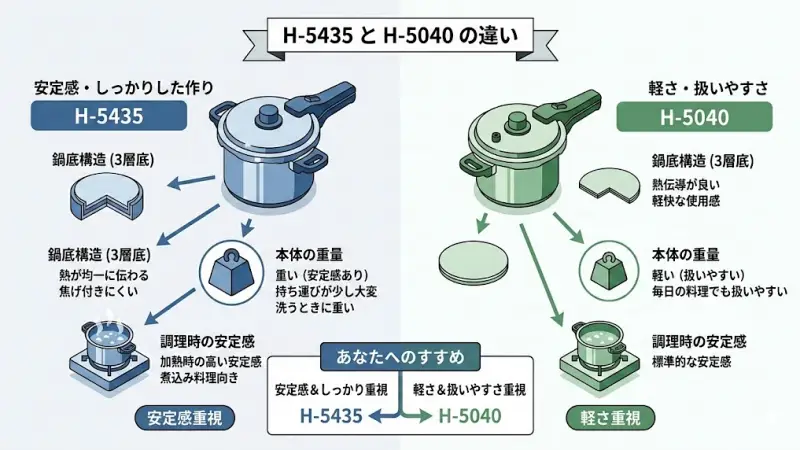 パール金属の圧力鍋「H-5435」と「H-5040」は、基本的な機能は共通していますが、主に次のポイントが異なります。