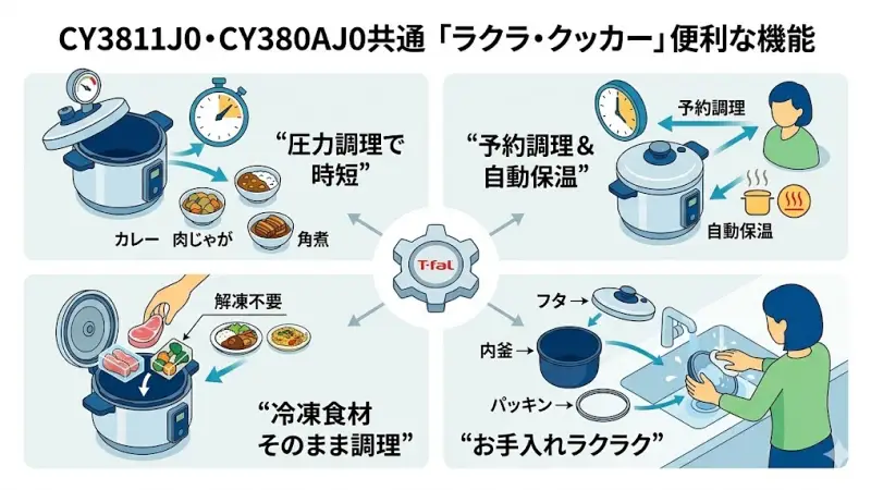 CY3811J0とCY380AJ0は機能にいくつか違いがありますが、どちらもラクラ・クッカーシリーズとして便利な基本機能をしっかり備えています。