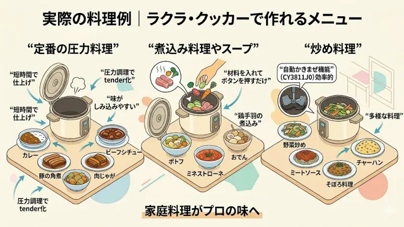 CY3811J0とCY380AJ0はどちらもさまざまな料理に対応しているため、日常の家庭料理から煮込み料理まで幅広く活用できます。
