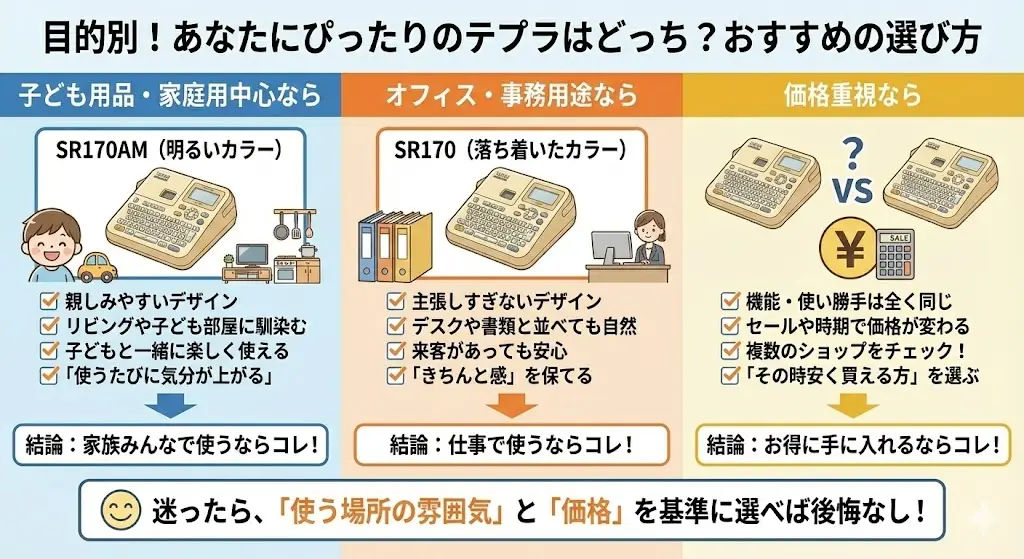 SR170AMとSR170は機能が同じなので、「どちらが高性能か」で悩む必要はありません。ここでは、使う目的やシーン別に、どちらが向いているかを整理します。