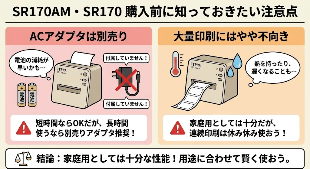SR170AM・SR170は、家庭用としてとても使いやすいモデルですが、購入後に「思っていたのと違った…」と感じやすいポイントもあります。ここでは、事前に知っておきたい注意点を正直にお伝えします。