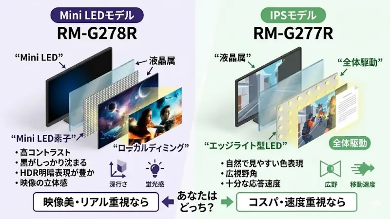RM-G278RとRM-G277Rの最大の違いは、ディスプレイパネルの種類です。
