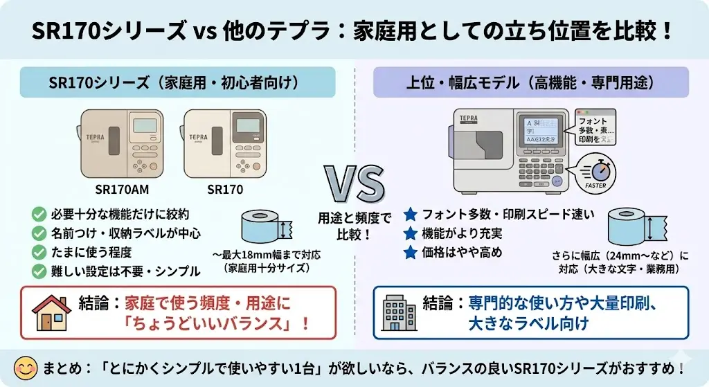 テプラにはさまざまなモデルがあるため、「SR170シリーズで本当に足りるの？」と迷う方も多いと思います。ここでは、他のテプラと比べたときのSR170シリーズの立ち位置をわかりやすく解説します。