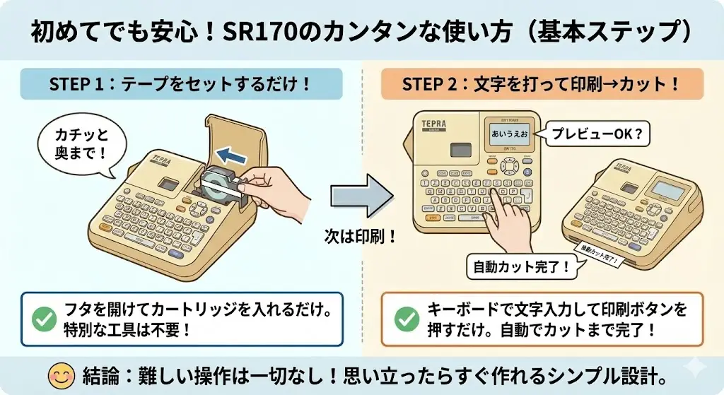 SR170AM・SR170は、初めてラベルライターを使う方でも迷いにくい設計になっています。ここでは、購入後すぐに使えるよう、基本的な流れをやさしくご紹介します。