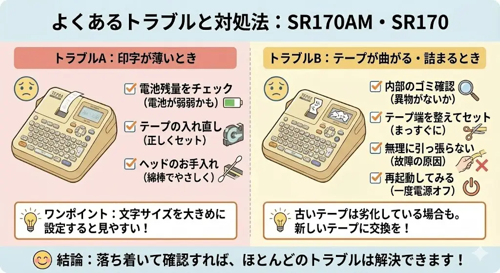 SR170AM・SR170はトラブルが少ないモデルですが、使っていると「うまく印刷できない」「テープの調子がおかしい」と感じることがあります。ここでは、よくあるトラブルとその対処法をわかりやすくまとめました。