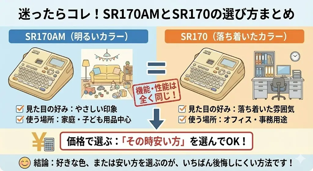 SR170AMとSR170は、機能や使い勝手に違いがないため、選び方はとてもシンプルです。最後に、ポイントを整理しておきましょう。