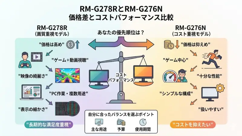 RM-G278RとRM-G276Nを選ぶとき、多くの人が気になるのが価格差です。モニターは数年単位で使う機器のため、価格だけでなく性能とのバランスを考えて選ぶことが重要になります。