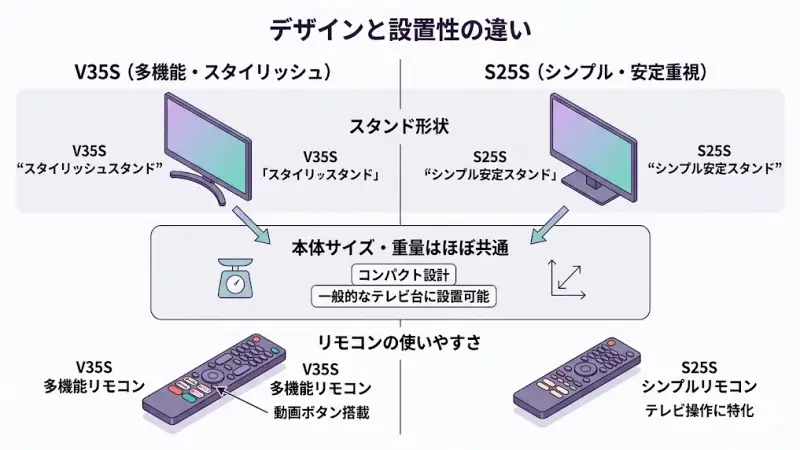 V35SとS25Sは基本的なサイズ感は似ていますが、スタンド形状や本体サイズ、操作性などに違いがあります。