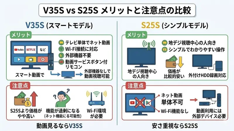 V35SとS25Sはどちらも人気のレグザシリーズですが、特徴が異なるため向いている使い方も変わります。