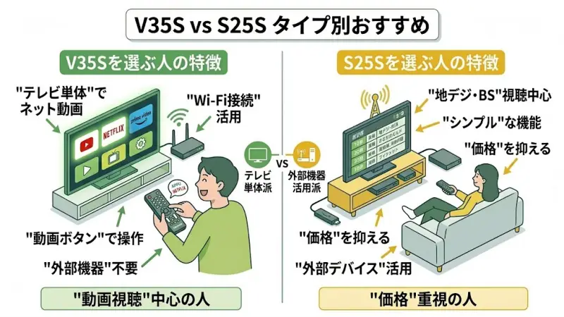 V35SとS25Sはどちらも基本性能がしっかりしたテレビですが、使い方によっておすすめのモデルが変わります。