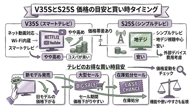 V35SとS25Sは機能に違いがあるため、価格帯にも差があります。