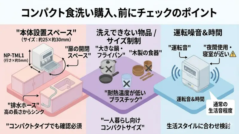 NP-TML1とNP-TMLK1はコンパクトで導入しやすい食洗機ですが、購入前に確認しておきたいポイントもあります。