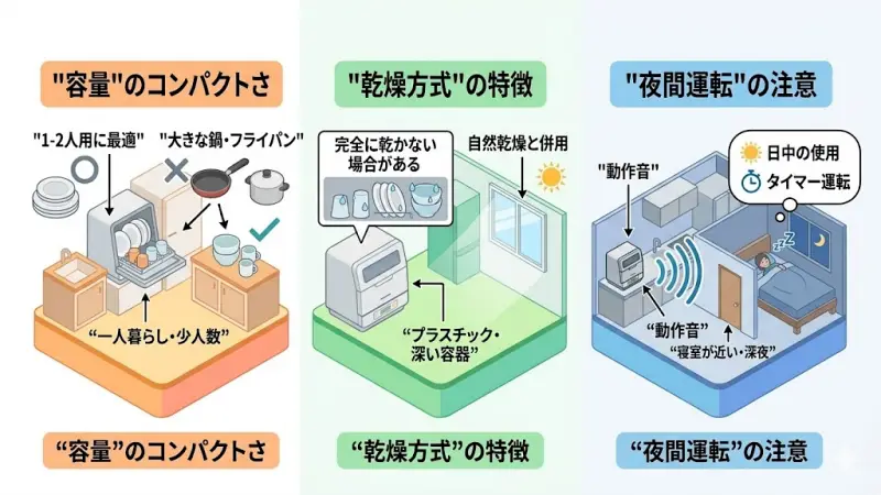 NP-TML1とNP-TMLK1は使いやすいコンパクト食洗機ですが、人によっては「思っていたよりこうだった」と感じる点もあります。