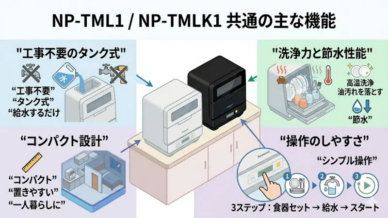NP-TML1とNP-TMLK1はカラーや発売時期に違いがありますが、基本的な機能や使い勝手はほぼ同じです。