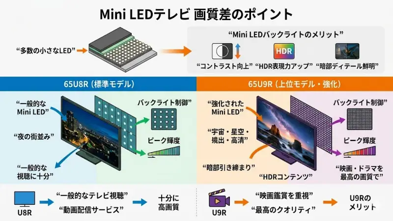 65U8Rと65U9RはどちらもMini LEDバックライトを採用したテレビですが、上位モデルであるU9Rは映像表現に関わる部分が強化されています。