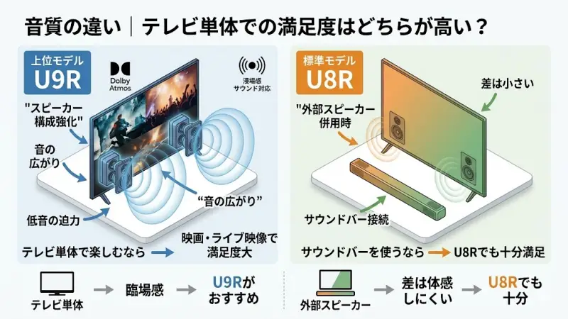 65U8Rと65U9RはどちらもDolby Atmosに対応していますが、上位モデルであるU9Rはスピーカー構成が強化されており、テレビ単体でも臨場感のある音を楽しみやすい設計になっています。