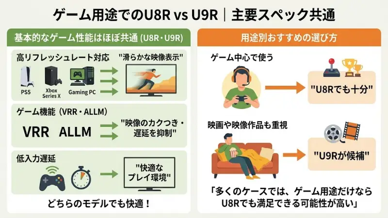 65U8Rと65U9Rはどちらもゲーム向け機能に対応しているため、基本的なゲーム性能では大きな差はないと考えられます。