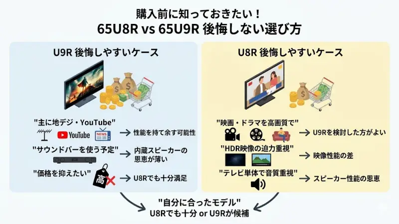 65U8Rと65U9Rはどちらも高性能なMini LEDテレビですが、使い方や重視するポイントによっては「別のモデルにすればよかった」と感じるケースもあります。